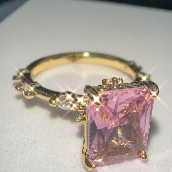 Cubic Zirconia Jewelry - Princess Cut Pink CZ Ring – Gold Plated Brass Micro Inlay, Sizes 7 New